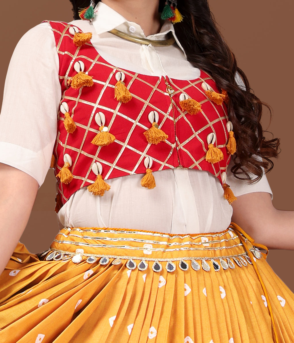 MUSTARD BANDHANI SKIRT WITH RED JACKET CHANIYA CHOLI RAAS'25 HANDMADEAHOLIC BY MISHKA