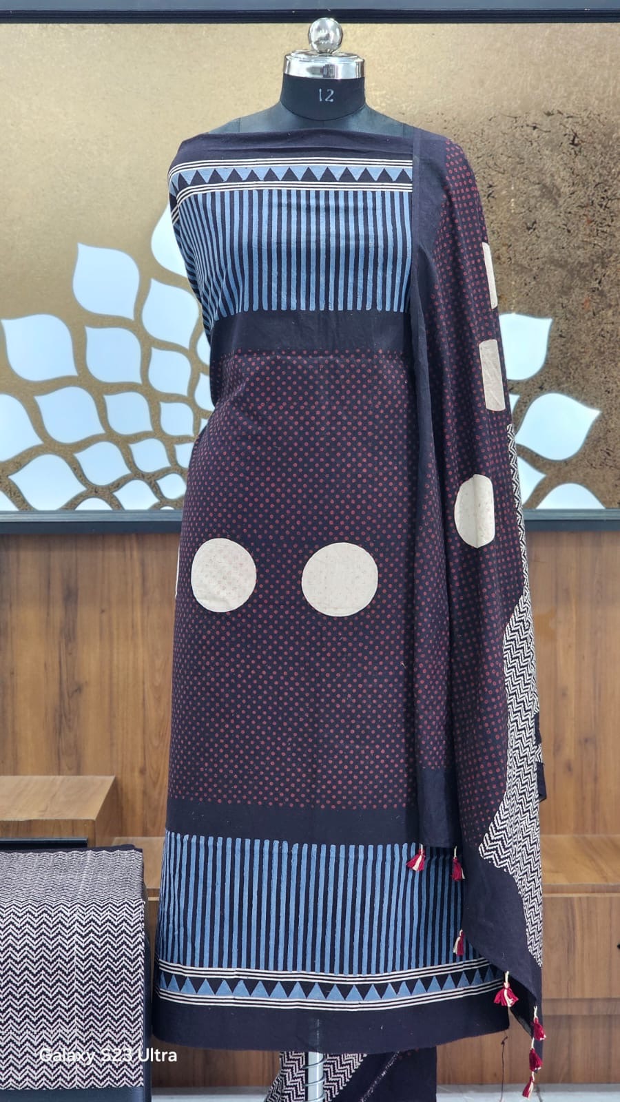 Hand-Block Printed Ajrakh Cotton Unstitched Suit Set – Geometric Indigo & Crimson