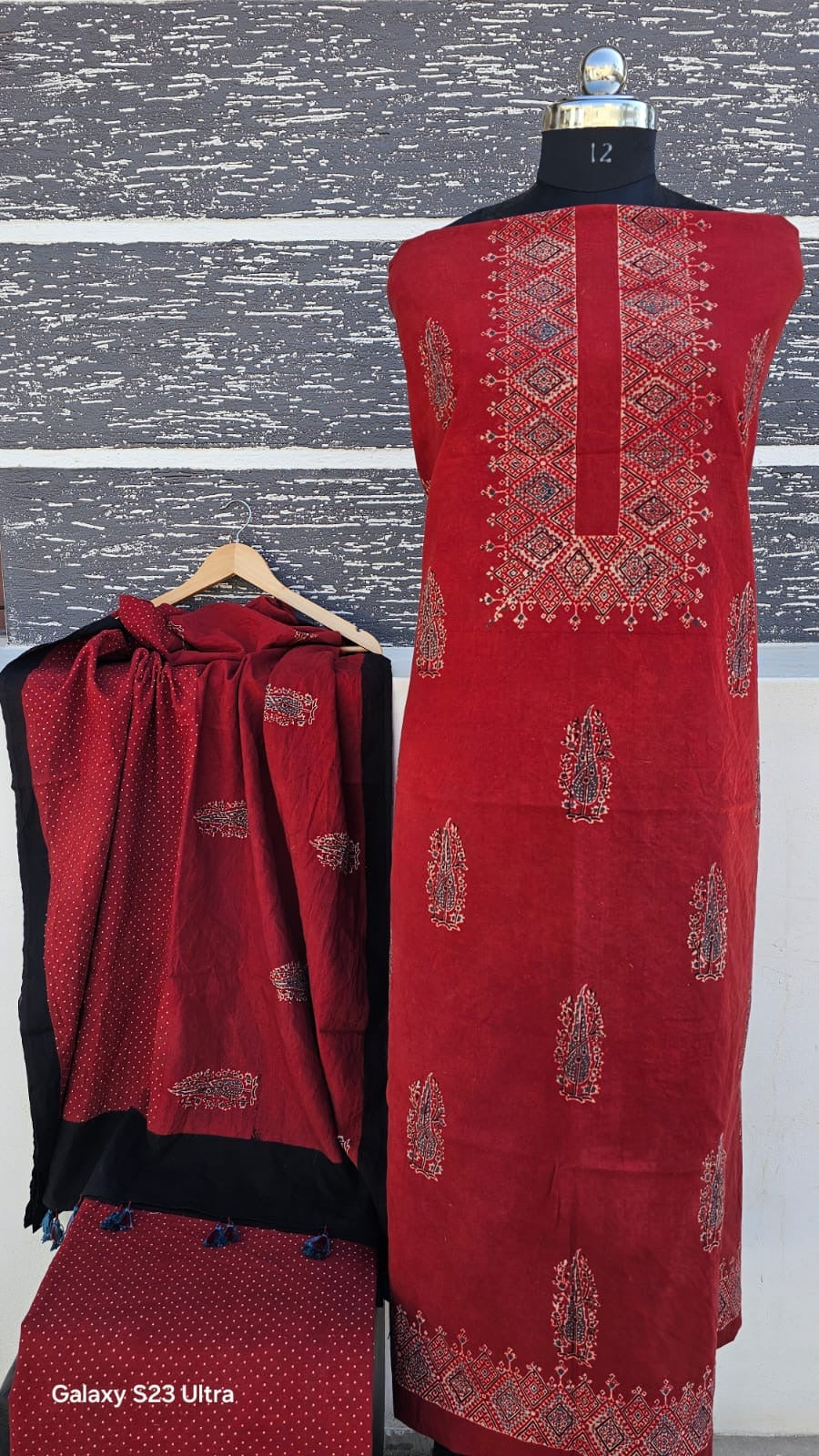 Hand-Block Ajrakh Cotton Unstitched Suit Set – Deep Crimson & Indigo Earth Tones