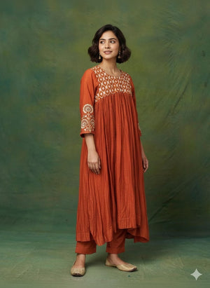 Rust Terracotta Chanderi Silk Anarkali Set – Hand-Embroidered Festive Kurta & Straight Pants HANDMADEAHOLIC BY MISHKA