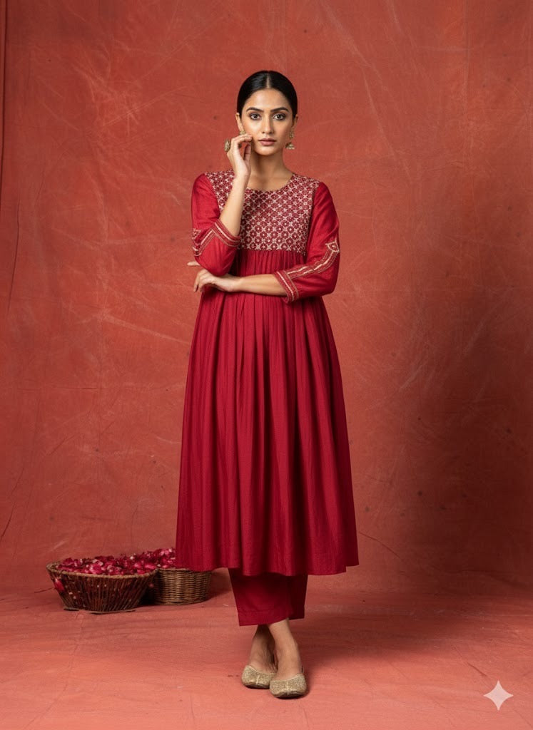 Crimson Heritage Chanderi Silk Anarkali Set – Hand-Embroidered Yoke & Tapered Trousers HANDMADEAHOLIC BY MISHKA