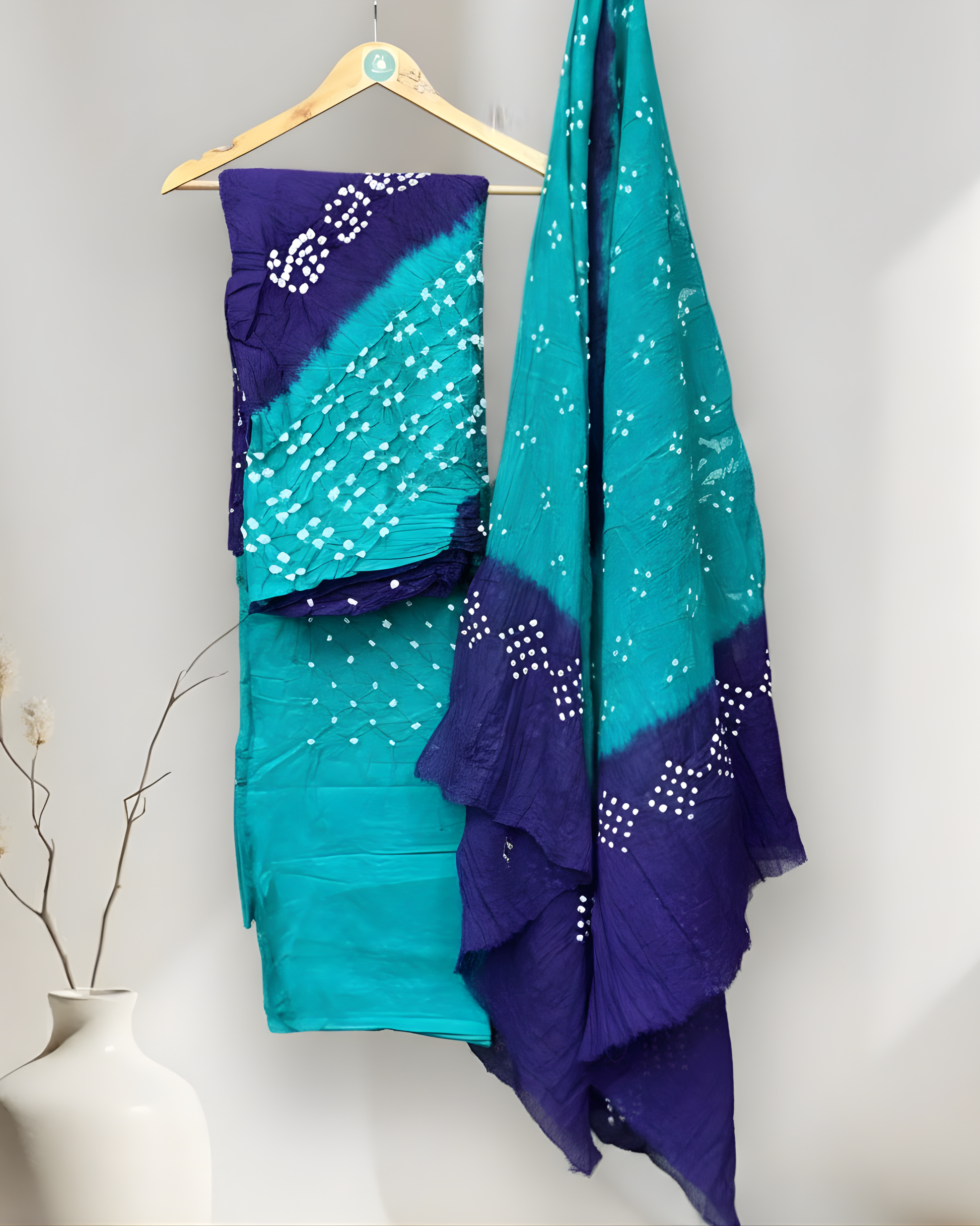 BLUE & TORTOISE  COTTON BANDHANI KURTA WITH COTTON BANDHANI DUPATTA WITH BOTTOM HANDMADEAHOLIC BY MISHKA