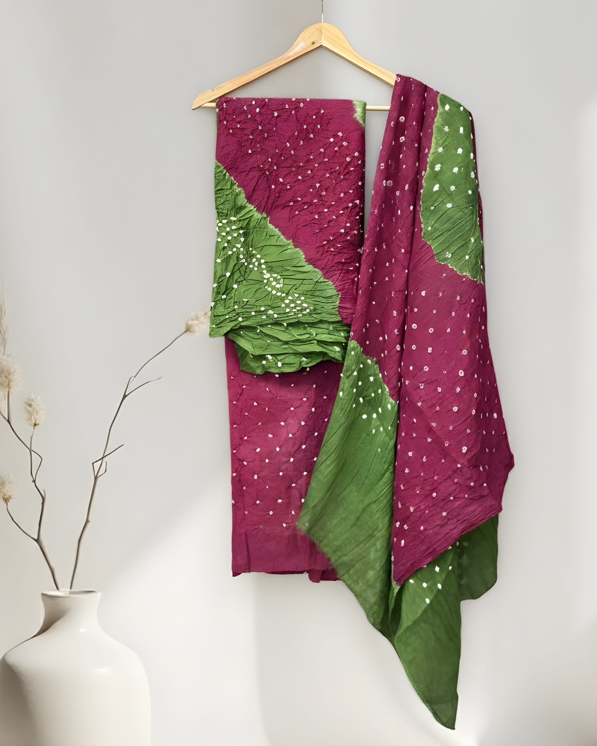 CHERRY & GREEN COTTON BANDHANI KURTA WITH COTTON BANDHANI DUPATTA WITH BOTTOM HANDMADEAHOLIC BY MISHKA