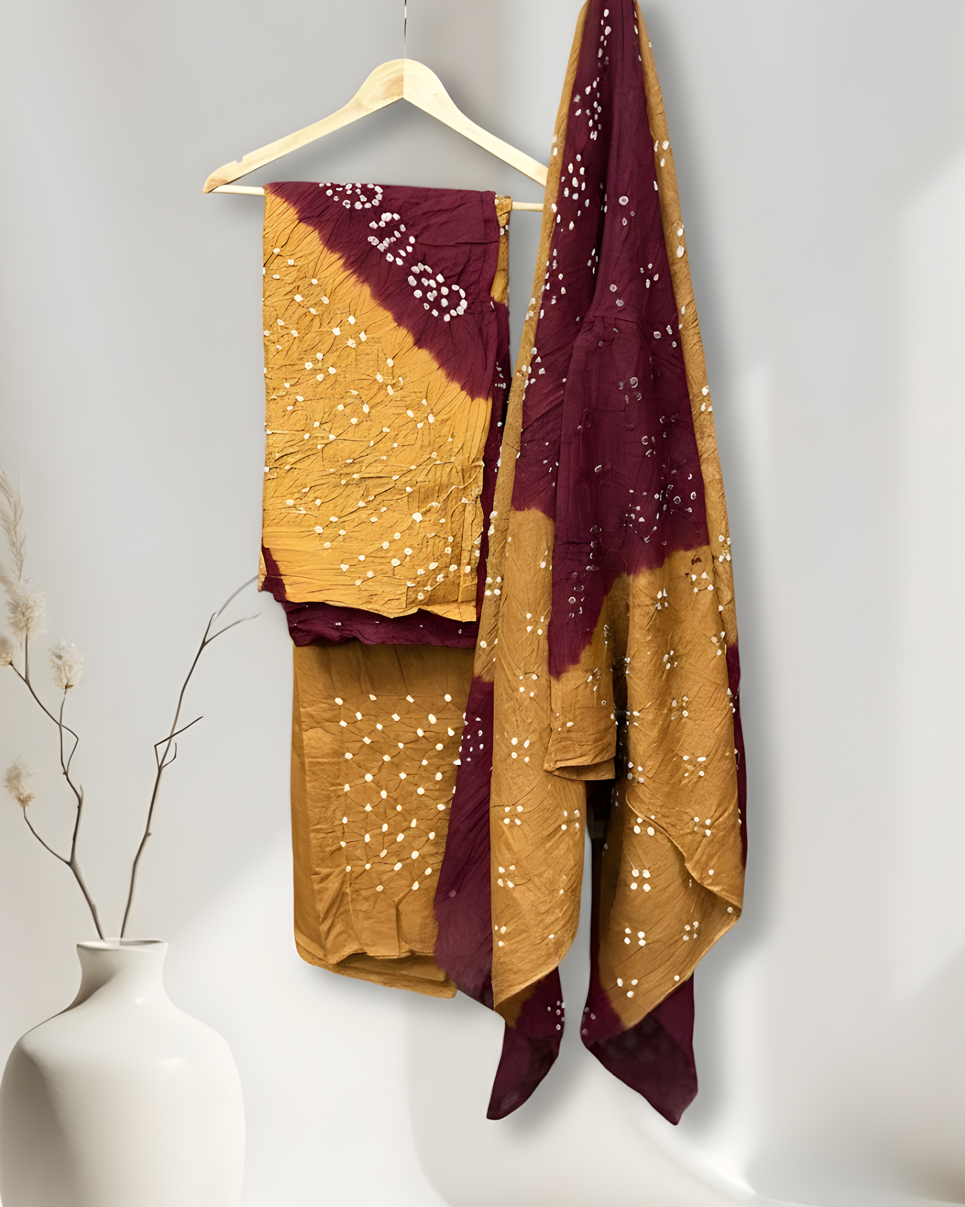 MAROON & MUSTARD COTTON BANDHANI KURTA WITH COTTON BANDHANI DUPATTA WITH BOTTOM HANDMADEAHOLIC BY MISHKA