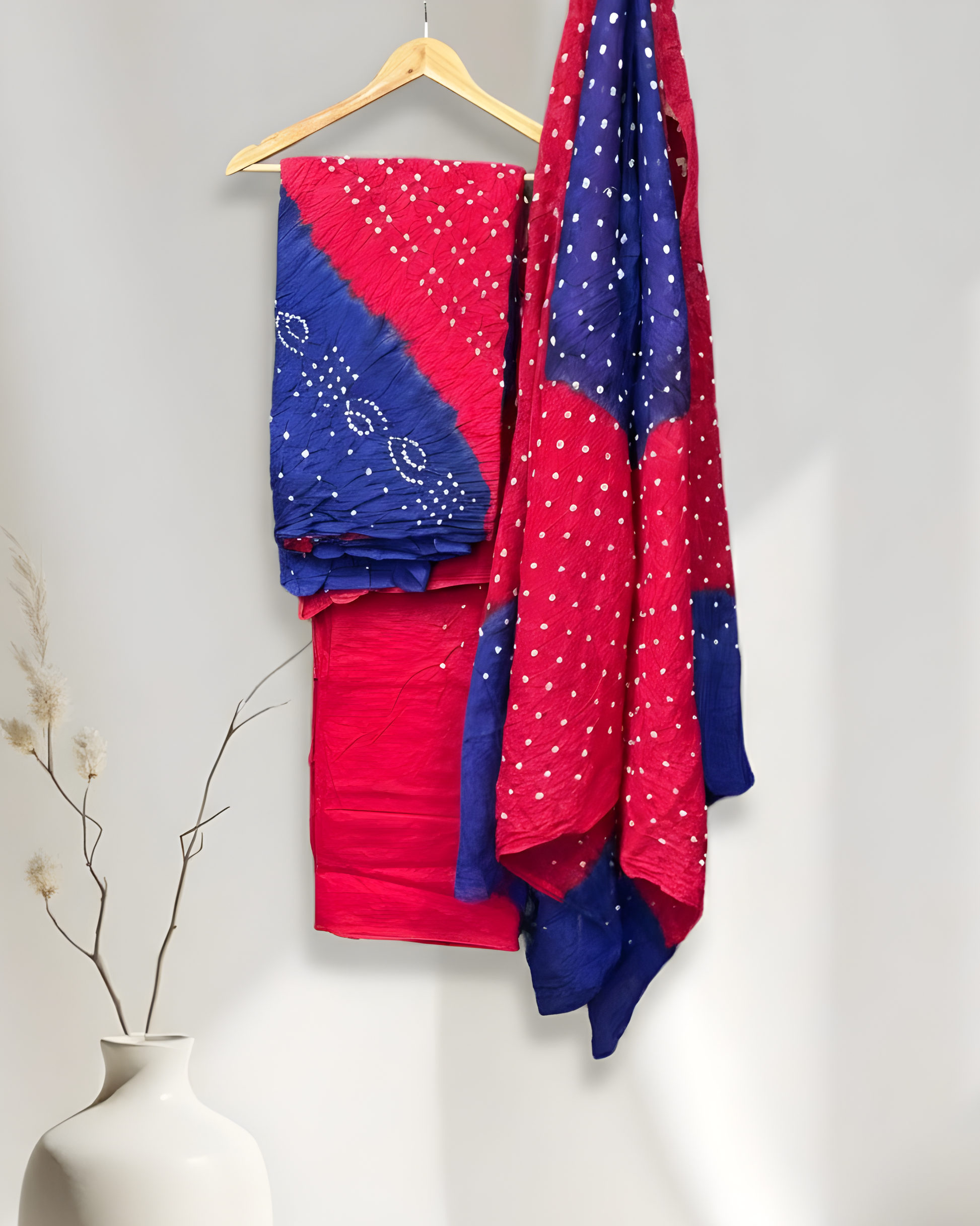 BLUE & RED COTTON BANDHANI KURTA WITH COTTON BANDHANI DUPATTA WITH BOTTOM HANDMADEAHOLIC BY MISHKA