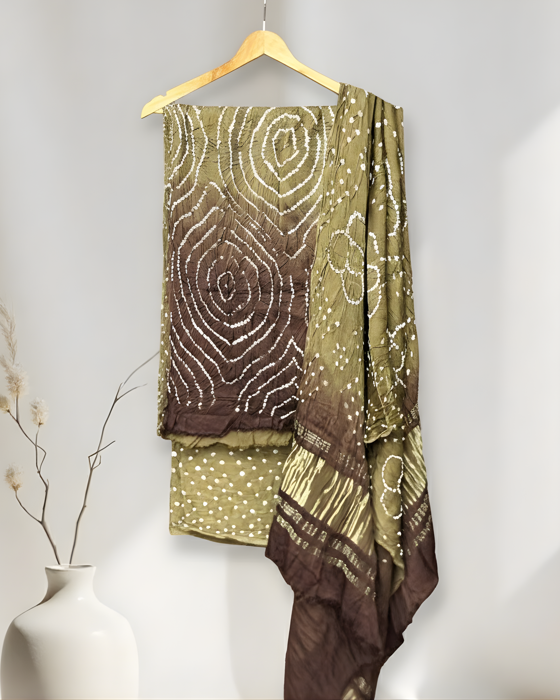 BROWN & MEHNDI MODAL SILK KURTA WITH BANDHANI HANDCRAFTED MODAL SILK DUPATTA WITH BOTTOM (Copy) HANDMADEAHOLIC BY MISHKA