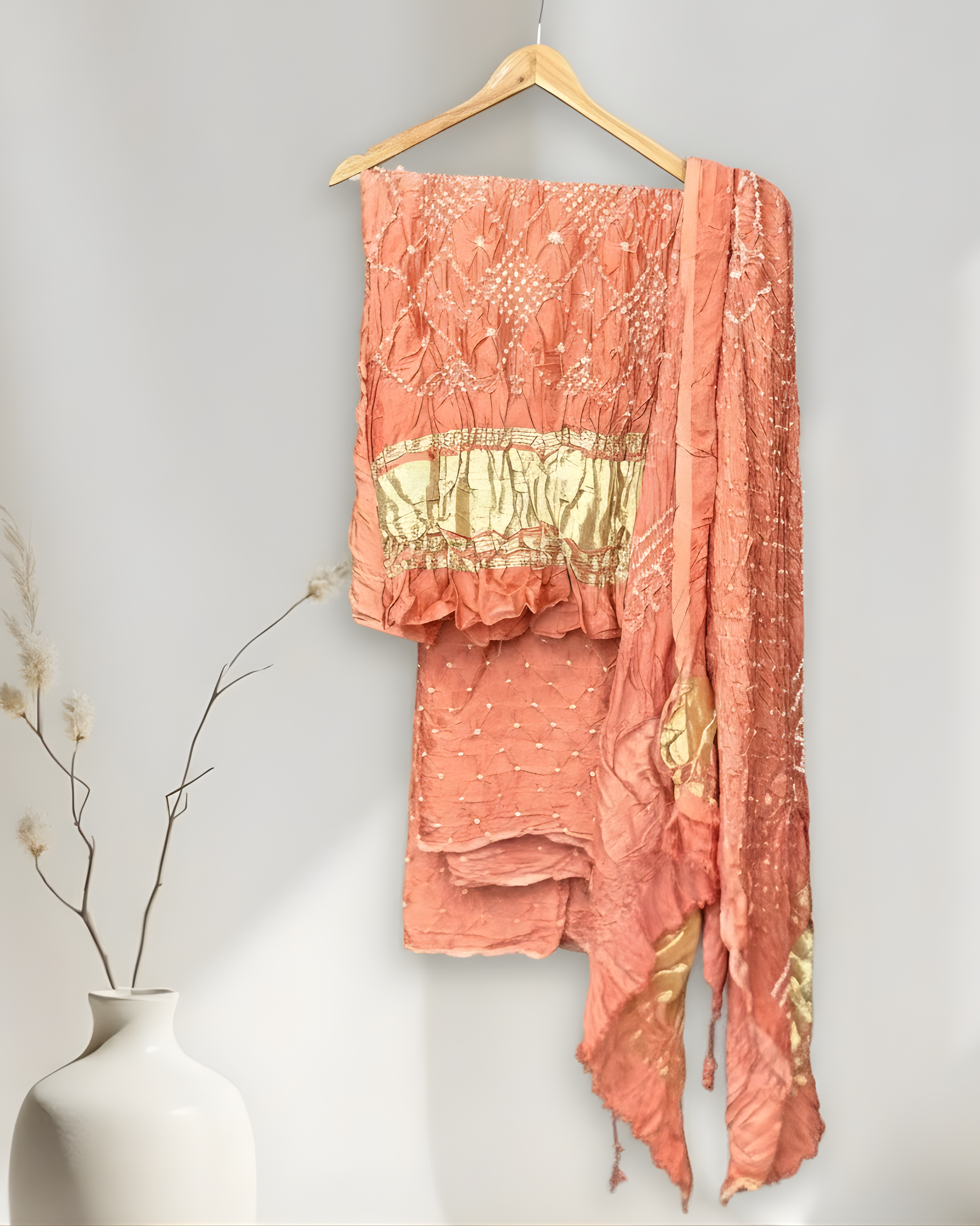 PEACH MODAL SILK KURTA WITH BANDHANI HANDCRAFTED MODAL SILK DUPATTA WITH BOTTOM HANDMADEAHOLIC BY MISHKA