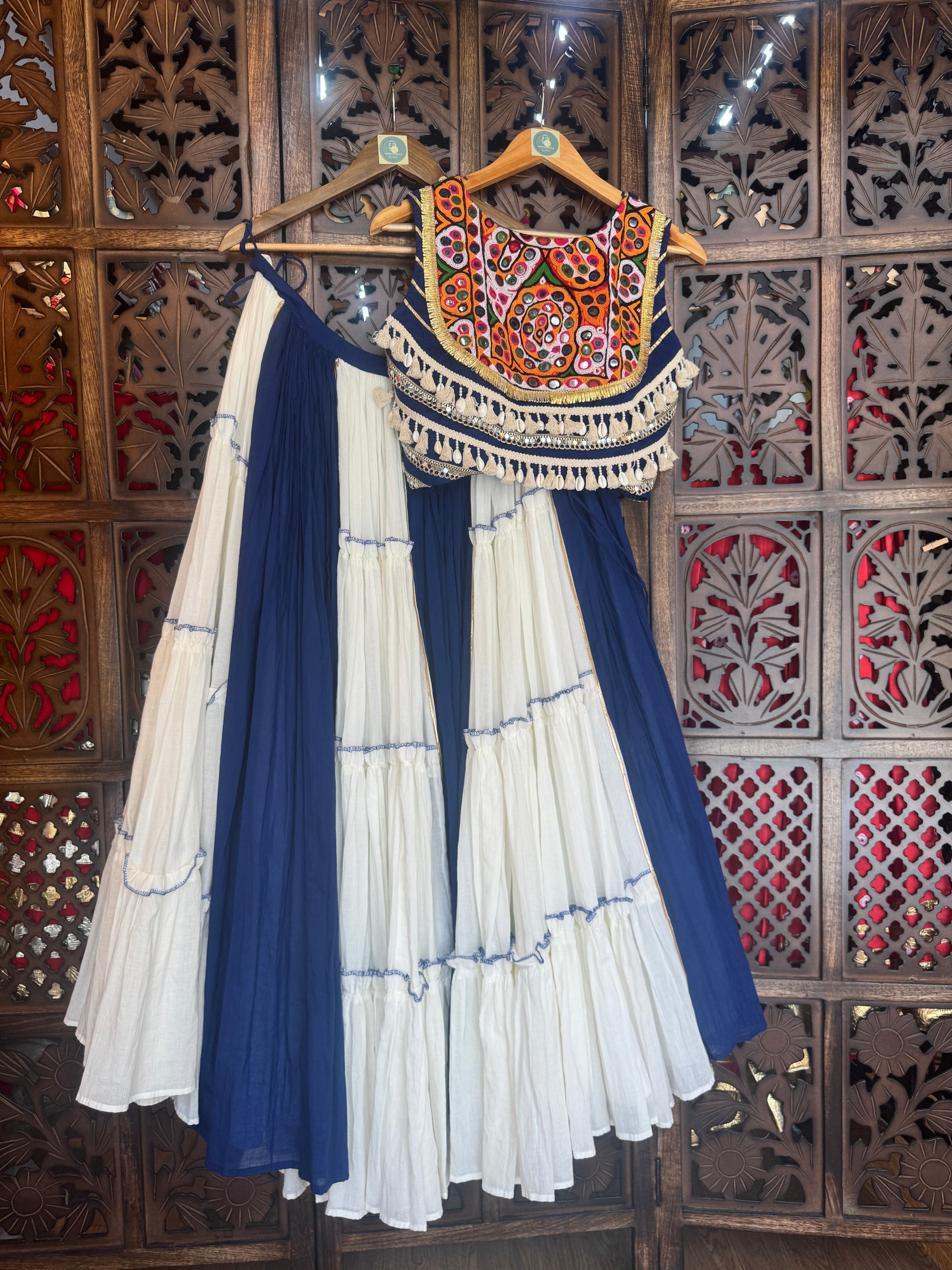 BLUE AND OFF WHITE CHANIYA CHOLI RAAS'25 HANDMADEAHOLIC BY MISHKA