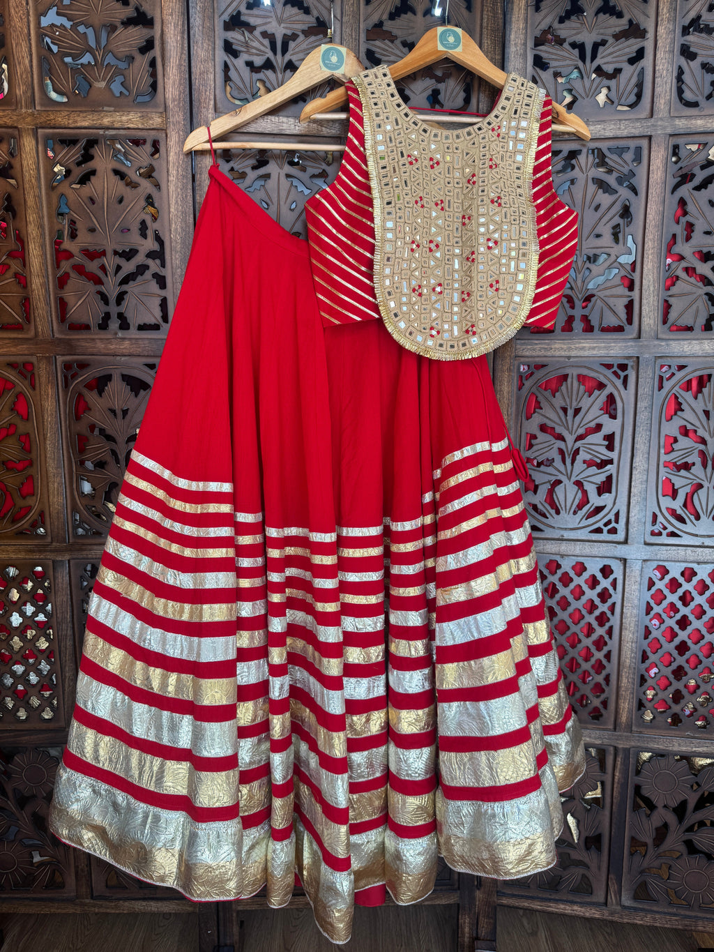RED AND SKIN MIRROR CHANIYA CHOLI RAAS'25 HANDMADEAHOLIC BY MISHKA