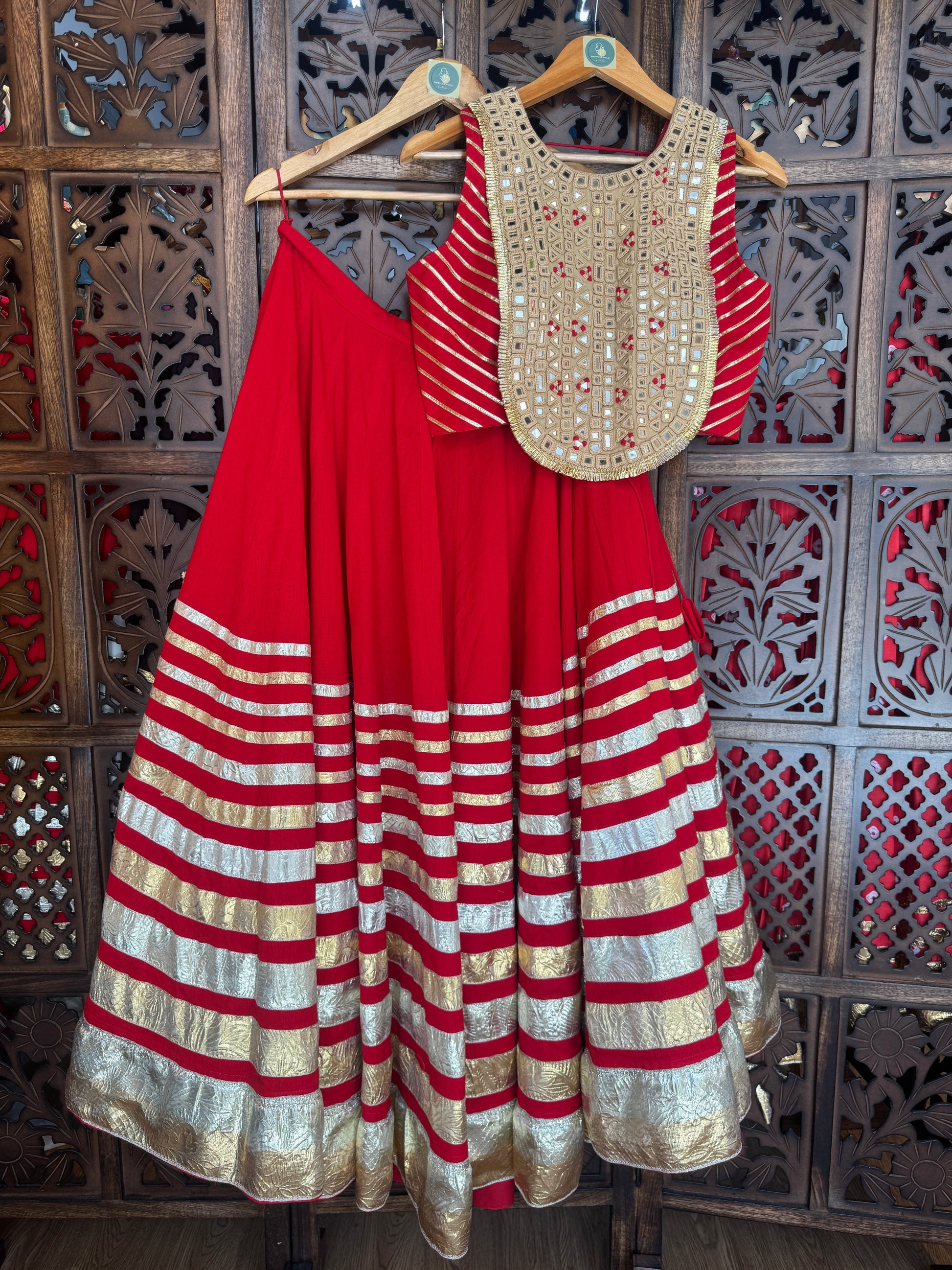 RED AND SKIN MIRROR CHANIYA CHOLI RAAS'25 HANDMADEAHOLIC BY MISHKA