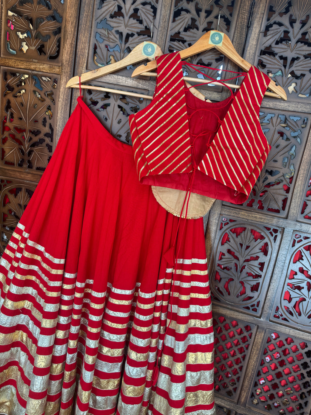 RED AND SKIN MIRROR CHANIYA CHOLI RAAS'25 HANDMADEAHOLIC BY MISHKA