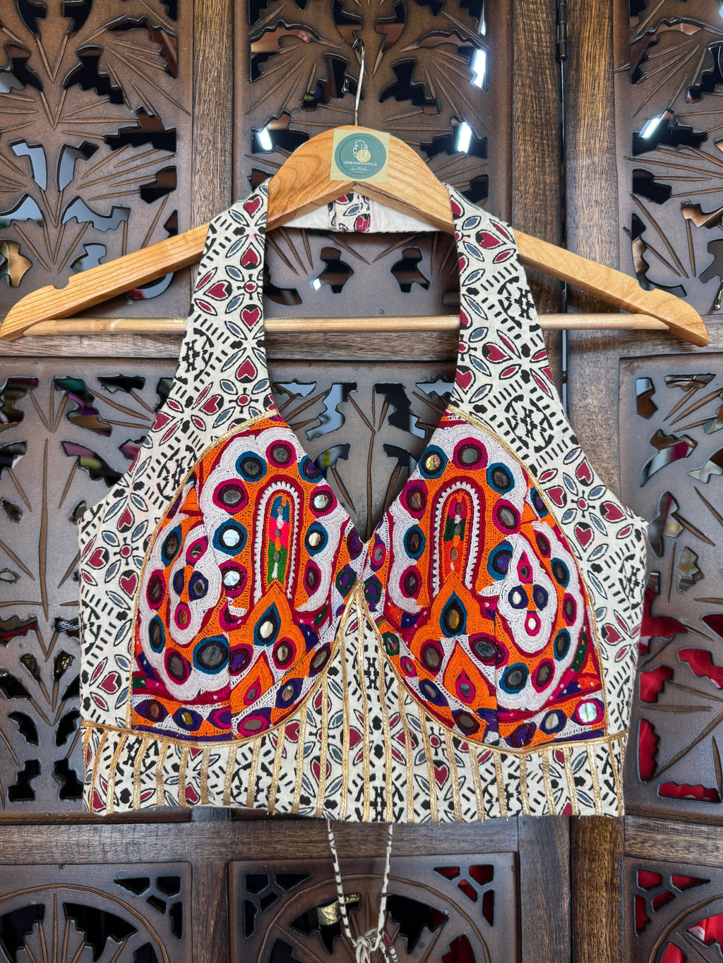 WHITE AJRAKH HULTER BLOUSE HANDMADEAHOLIC BY MISHKA