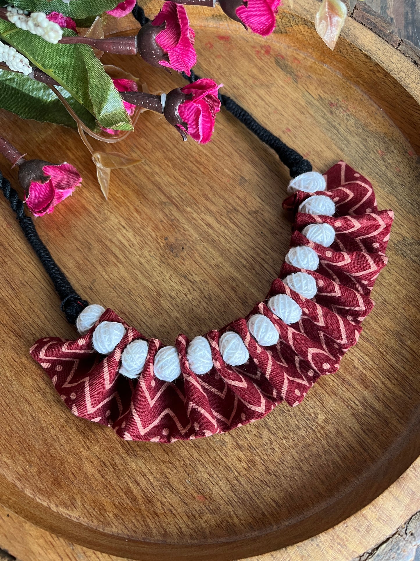 MAROON AJRAKH WHITE  BALL BOHO NECKLACE HANDMADEAHOLIC BY MISHKA
