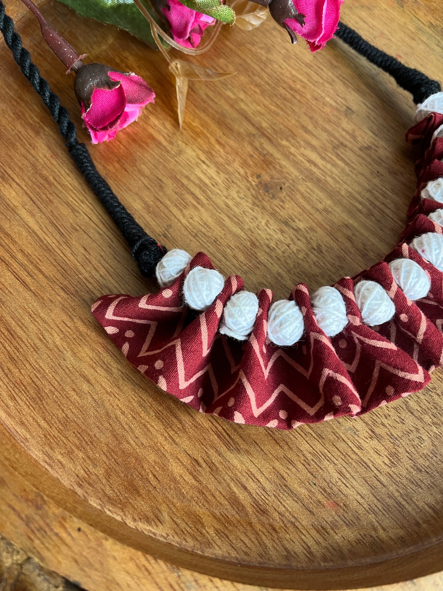 MAROON AJRAKH WHITE  BALL BOHO NECKLACE HANDMADEAHOLIC BY MISHKA