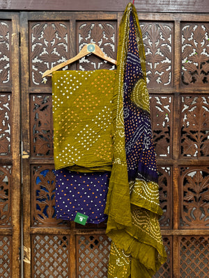 Hand-Tied Heritage: Olive Green & Royal Purple Cotton Bandhani Unstitched Suit Set HANDMADEAHOLIC BY MISHKA