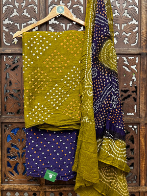 Hand-Tied Heritage: Olive Green & Royal Purple Cotton Bandhani Unstitched Suit Set HANDMADEAHOLIC BY MISHKA