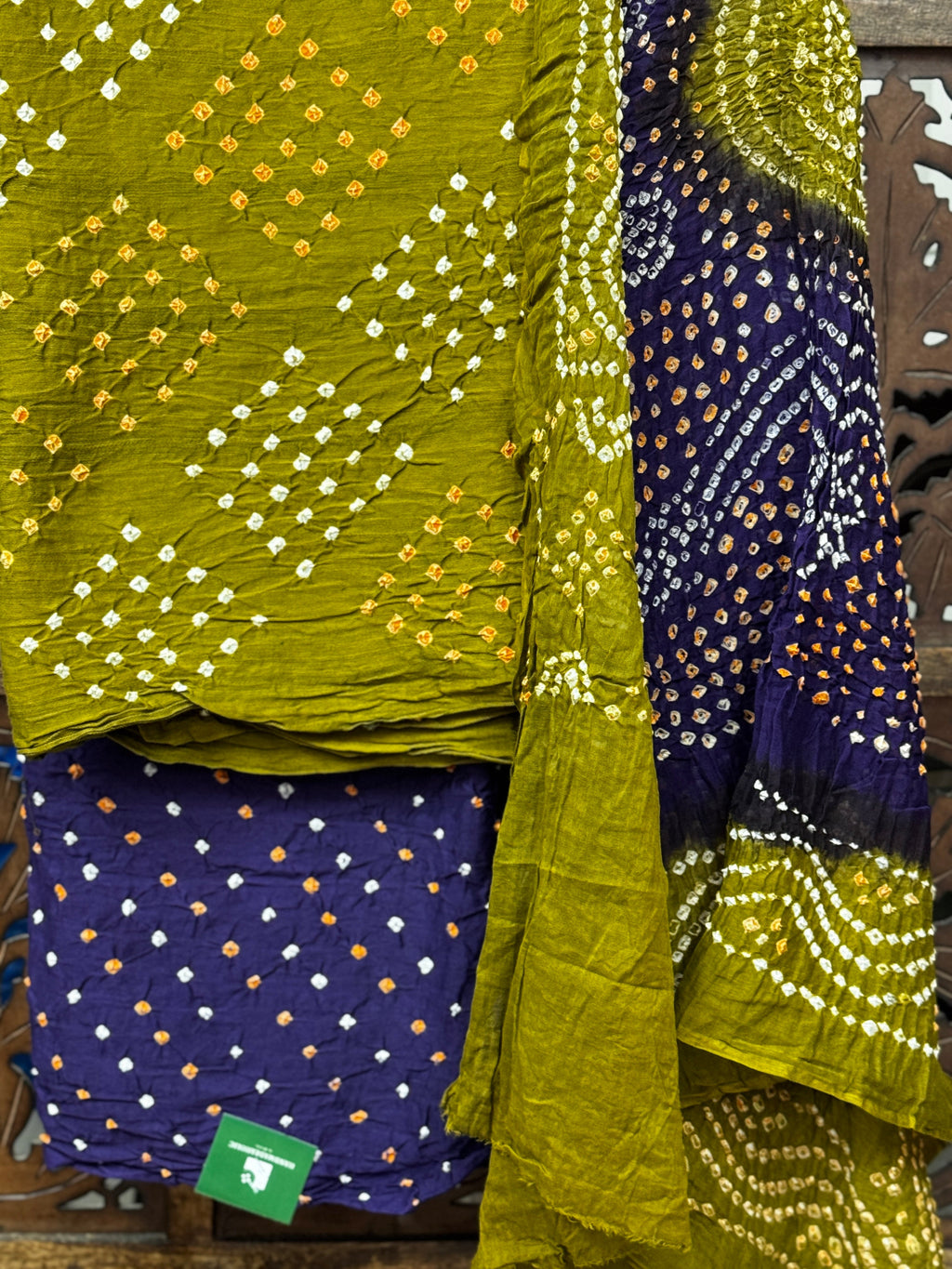 Hand-Tied Heritage: Olive Green & Royal Purple Cotton Bandhani Unstitched Suit Set HANDMADEAHOLIC BY MISHKA