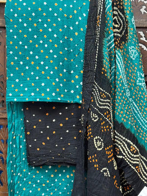 Handcrafted Cotton Bandhani Unstitched Suit Set – Teal & Obsidian Black HANDMADEAHOLIC BY MISHKA