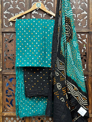 Handcrafted Cotton Bandhani Unstitched Suit Set – Teal & Obsidian Black HANDMADEAHOLIC BY MISHKA