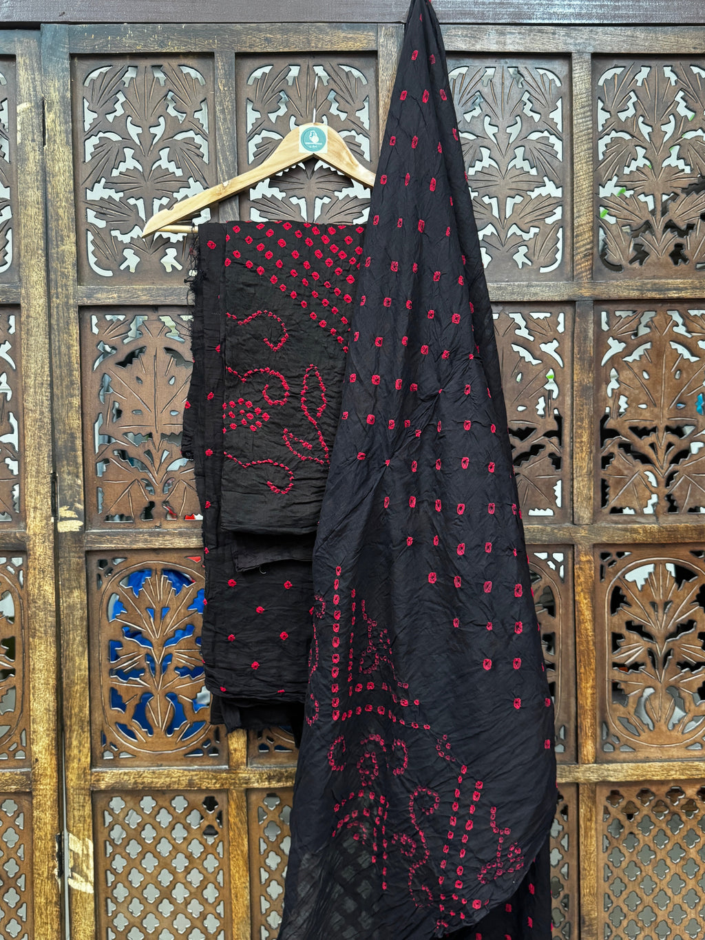 Handcrafted Midnight Black & Crimson Red Pure Cotton Bandhani Unstitched Suit Set HANDMADEAHOLIC BY MISHKA