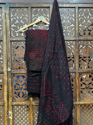 Handcrafted Midnight Black & Crimson Red Pure Cotton Bandhani Unstitched Suit Set HANDMADEAHOLIC BY MISHKA