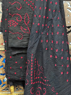 Handcrafted Midnight Black & Crimson Red Pure Cotton Bandhani Unstitched Suit Set HANDMADEAHOLIC BY MISHKA
