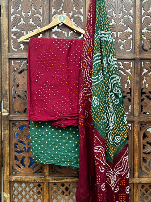 Hand-Dye Maroon & Forest Green Pure Cotton Bandhani Unstitched Suit Set HANDMADEAHOLIC BY MISHKA