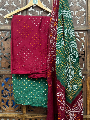 Hand-Dye Maroon & Forest Green Pure Cotton Bandhani Unstitched Suit Set HANDMADEAHOLIC BY MISHKA