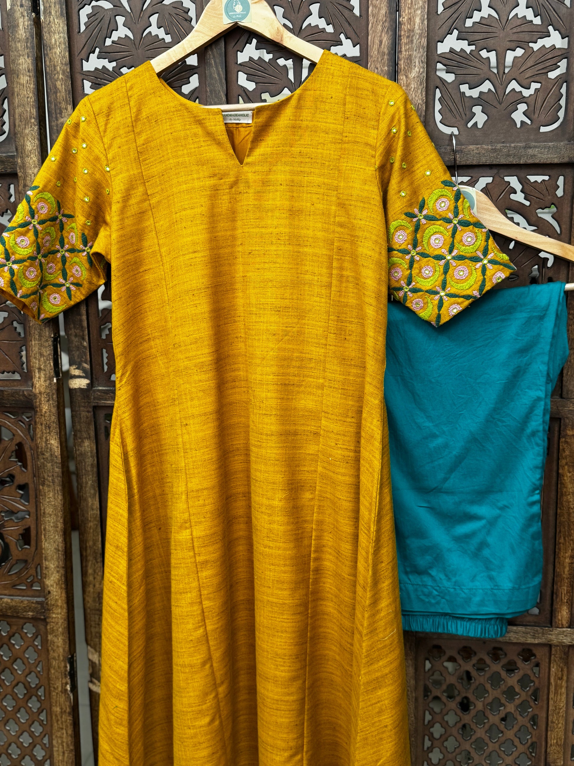 Ochre Radiance: Hand-Embroidered Bhagalpuri Silk Kurta Set with Teal Trousers HANDMADEAHOLIC BY MISHKA