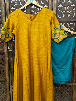 Ochre Radiance: Hand-Embroidered Bhagalpuri Silk Kurta Set with Teal Trousers HANDMADEAHOLIC BY MISHKA