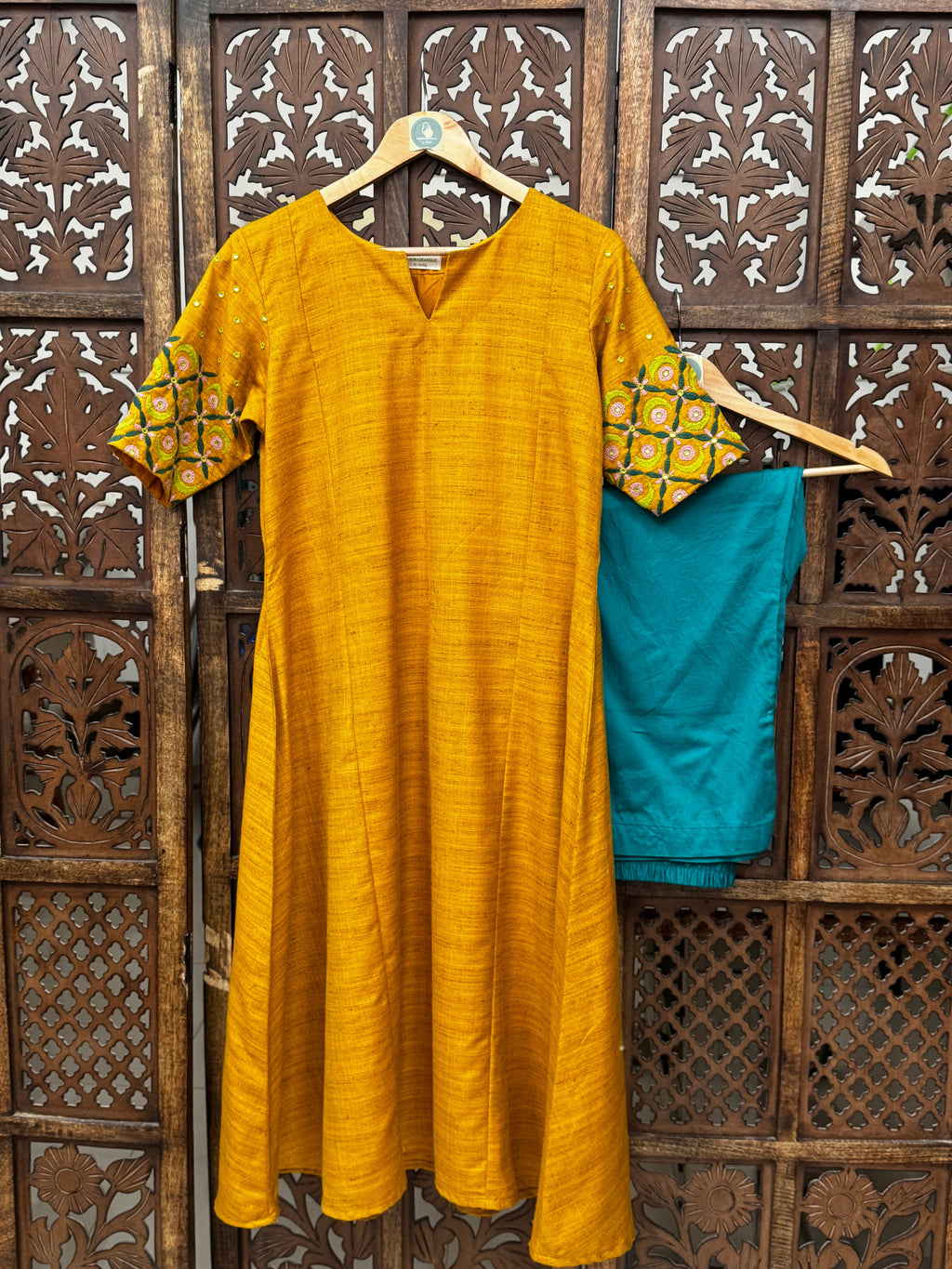 Ochre Radiance: Hand-Embroidered Bhagalpuri Silk Kurta Set with Teal Trousers HANDMADEAHOLIC BY MISHKA