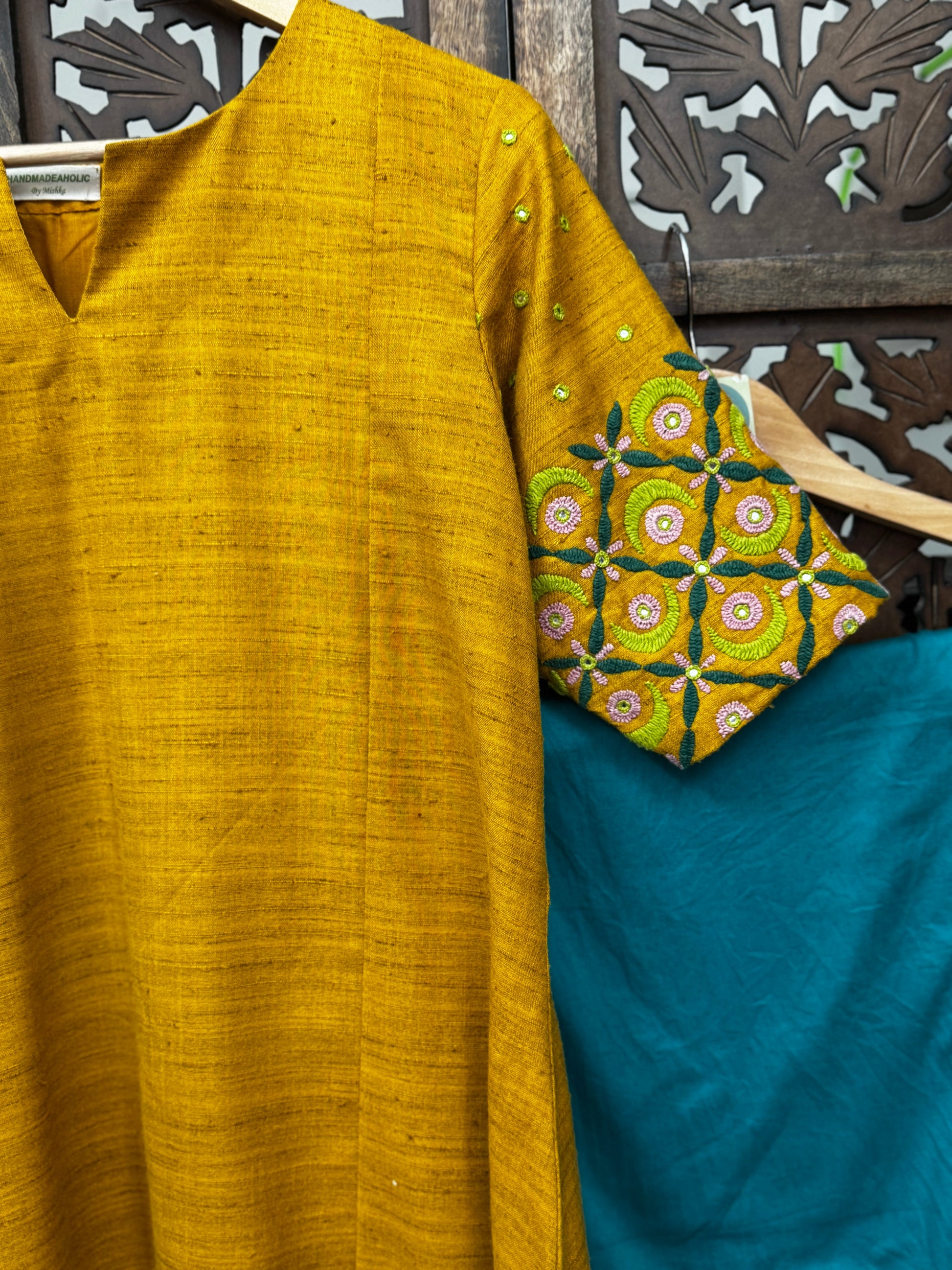 Ochre Radiance: Hand-Embroidered Bhagalpuri Silk Kurta Set with Teal Trousers HANDMADEAHOLIC BY MISHKA