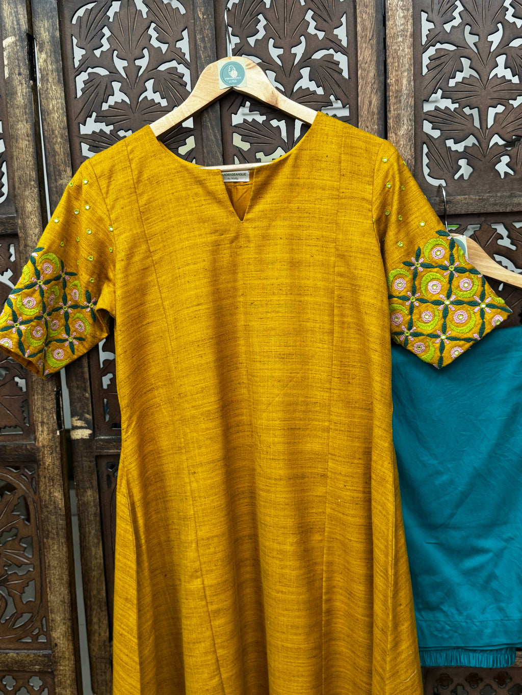 Ochre Radiance: Hand-Embroidered Bhagalpuri Silk Kurta Set with Teal Trousers HANDMADEAHOLIC BY MISHKA