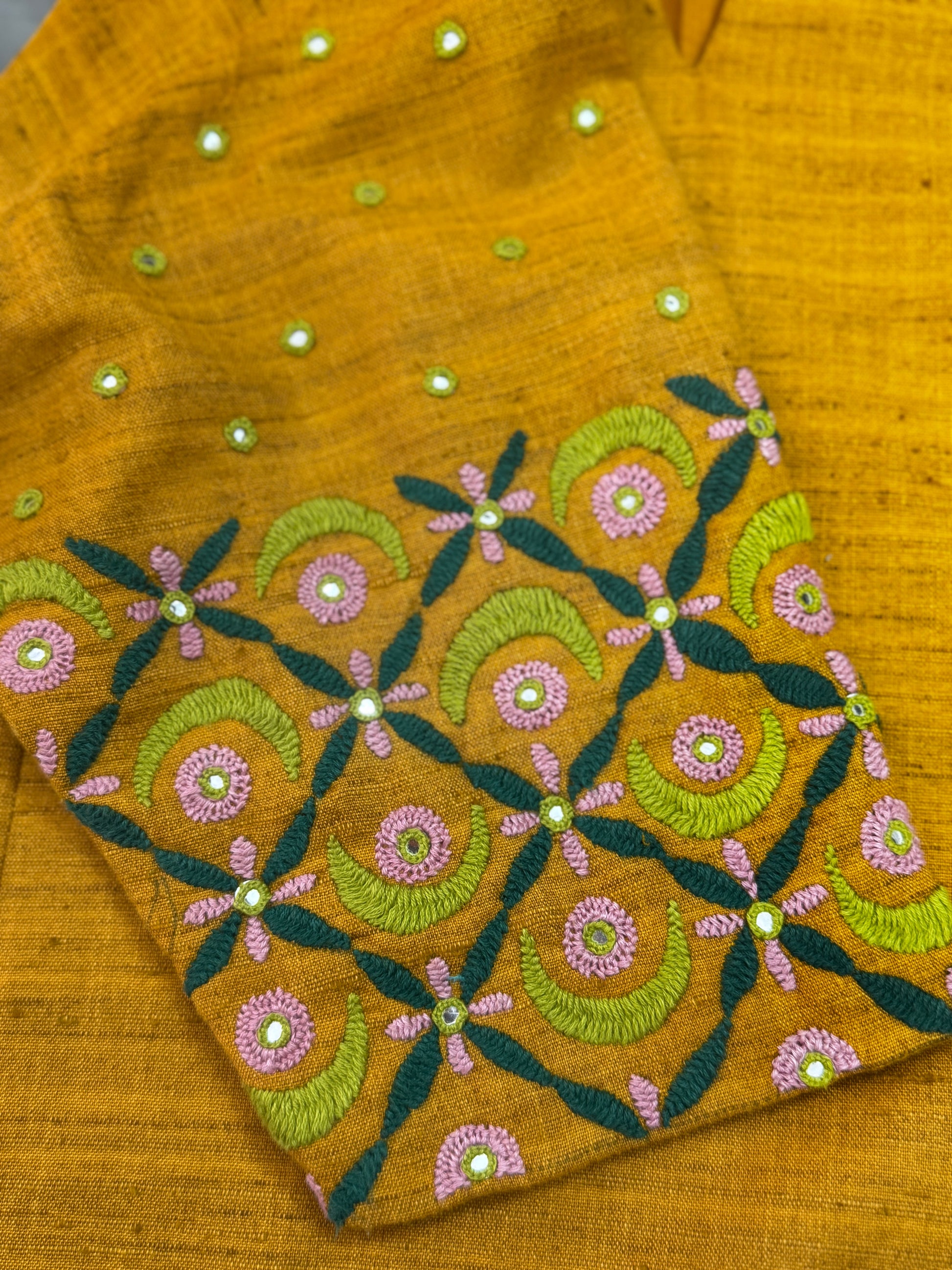 Ochre Radiance: Hand-Embroidered Bhagalpuri Silk Kurta Set with Teal Trousers HANDMADEAHOLIC BY MISHKA