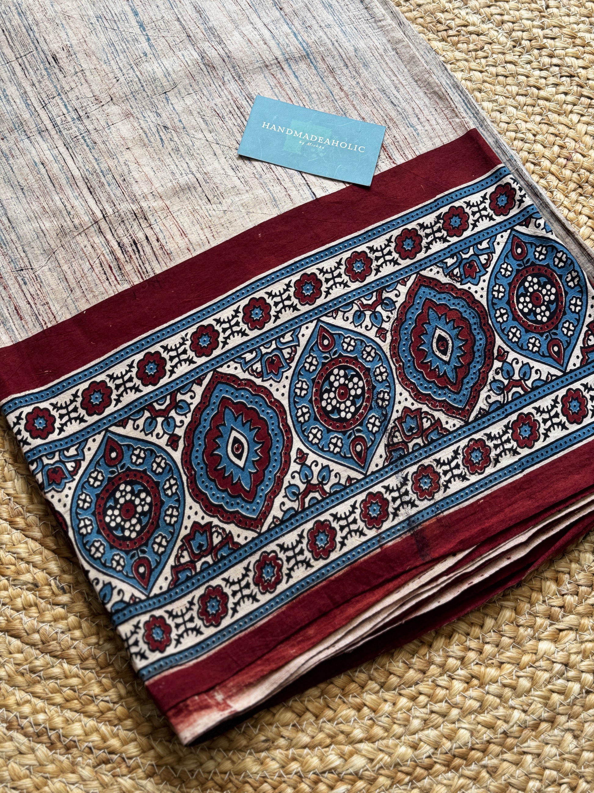 NATURAL AJRAKH PANEL HANDBLOCK COTTON FABRIC
