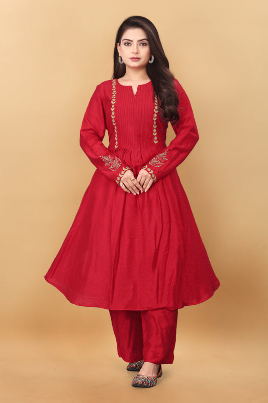 RED MUL CHANDERI  KURTA SET ( SET OF 2 )