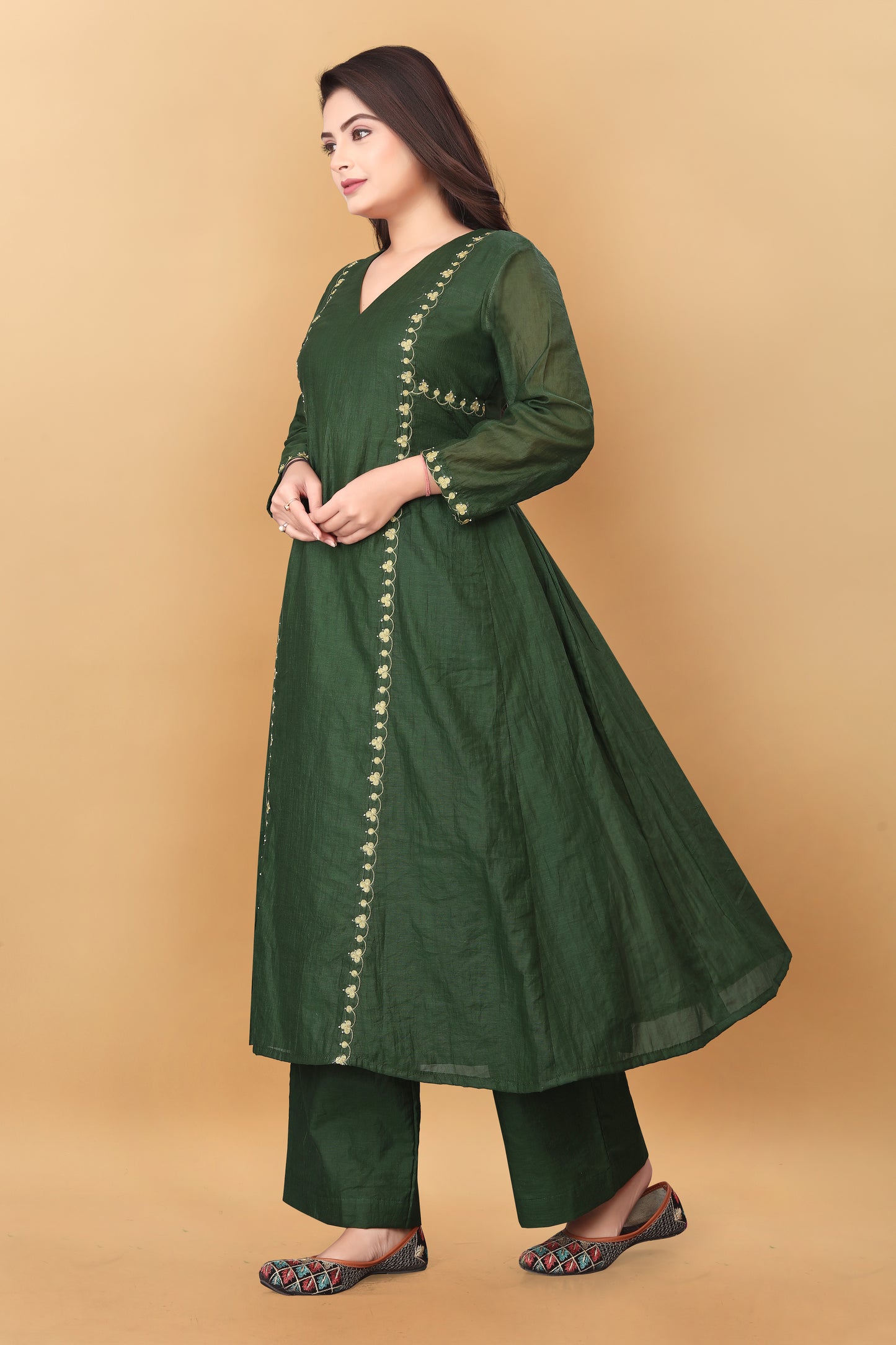 MAHENDI GREEN MUL CHANDERI  KURTA SET ( SET OF 2 )