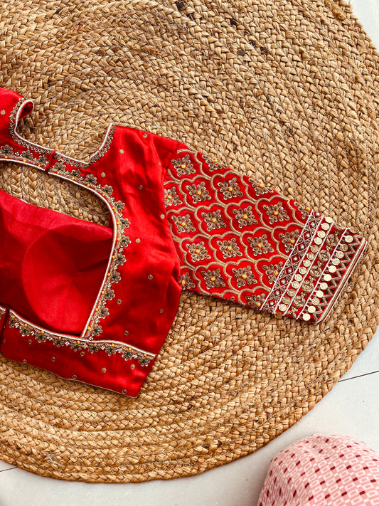 RED HEAVY HANDWORK ROUND NECK BLOUSE