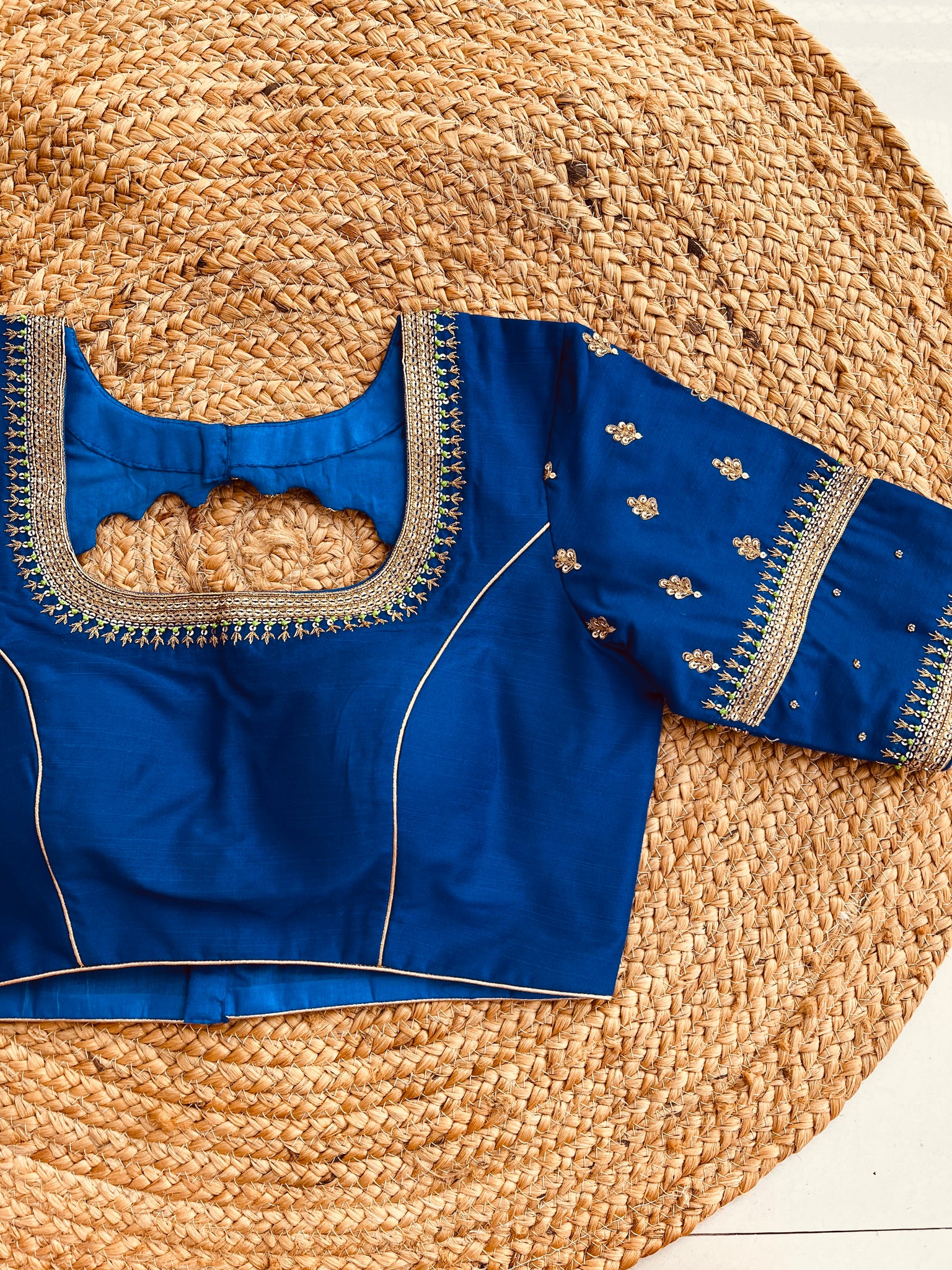 ROYAL BLUE HANDWORK ROUND NECK BLOUSE