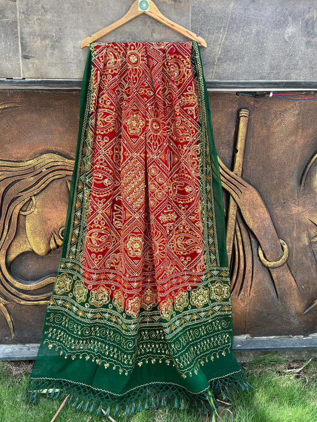 RED GREEN VINTAGE WORK DUPATTA HANDMADEAHOLIC BY MISHKA