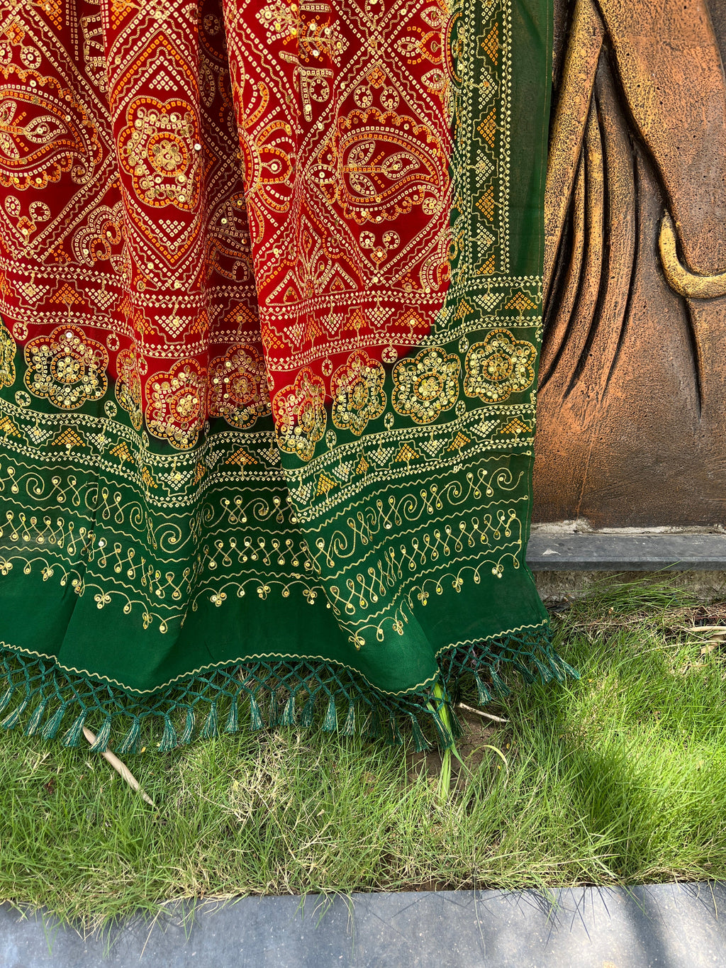 RED GREEN VINTAGE WORK DUPATTA HANDMADEAHOLIC BY MISHKA