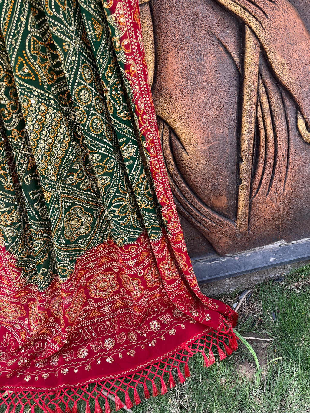 GREEN RED VINTAGE WORK DUPATTA HANDMADEAHOLIC BY MISHKA