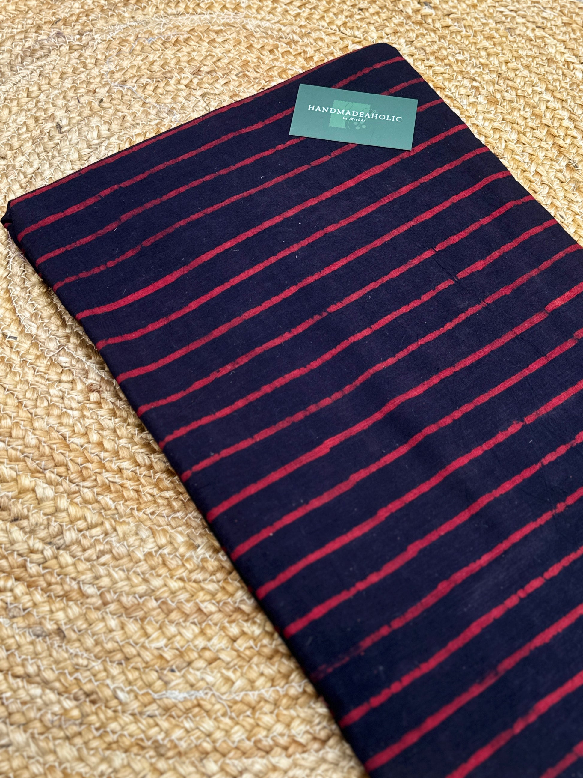 Midnight Indigo & Crimson Leheriya – Authentic Ajrakh Handblock Printed Cotton Fabric