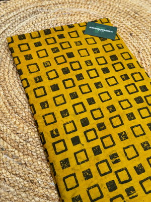 Mustard Ochre & Charcoal Geo-Block | Authentic Ajrakh Hand-Block Printed Cotton Fabric