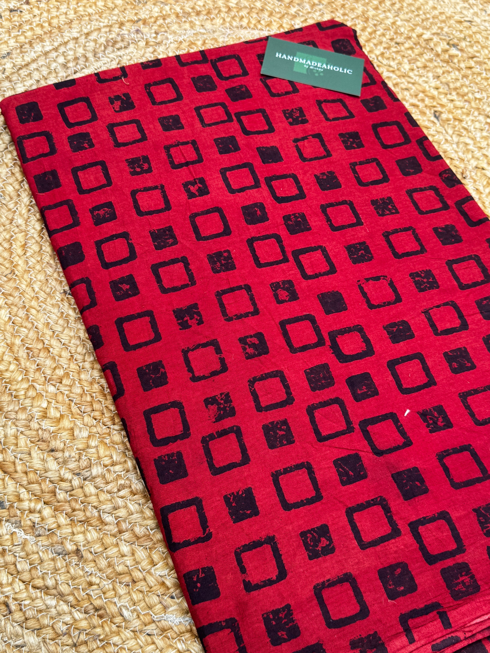 Crimson Noir Ajrakh Handblock Cotton Fabric – Rustic Geometric Square Print