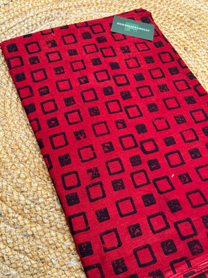 Crimson Noir Ajrakh Handblock Cotton Fabric – Rustic Geometric Square Print