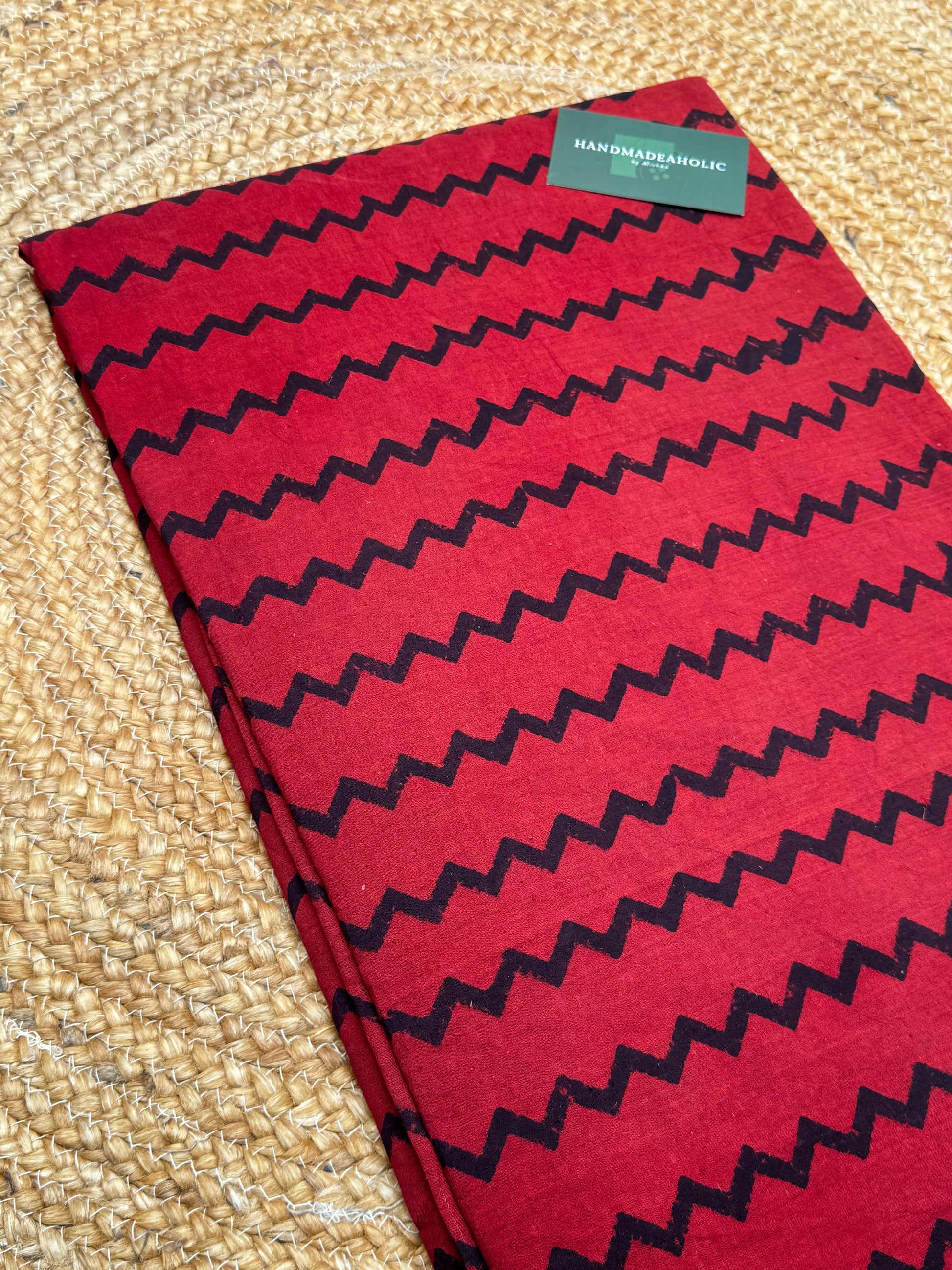 Crimson Pulse | Hand-Block Ajrakh Cotton Fabric with Midnight Chevron