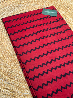 Crimson Pulse | Hand-Block Ajrakh Cotton Fabric with Midnight Chevron