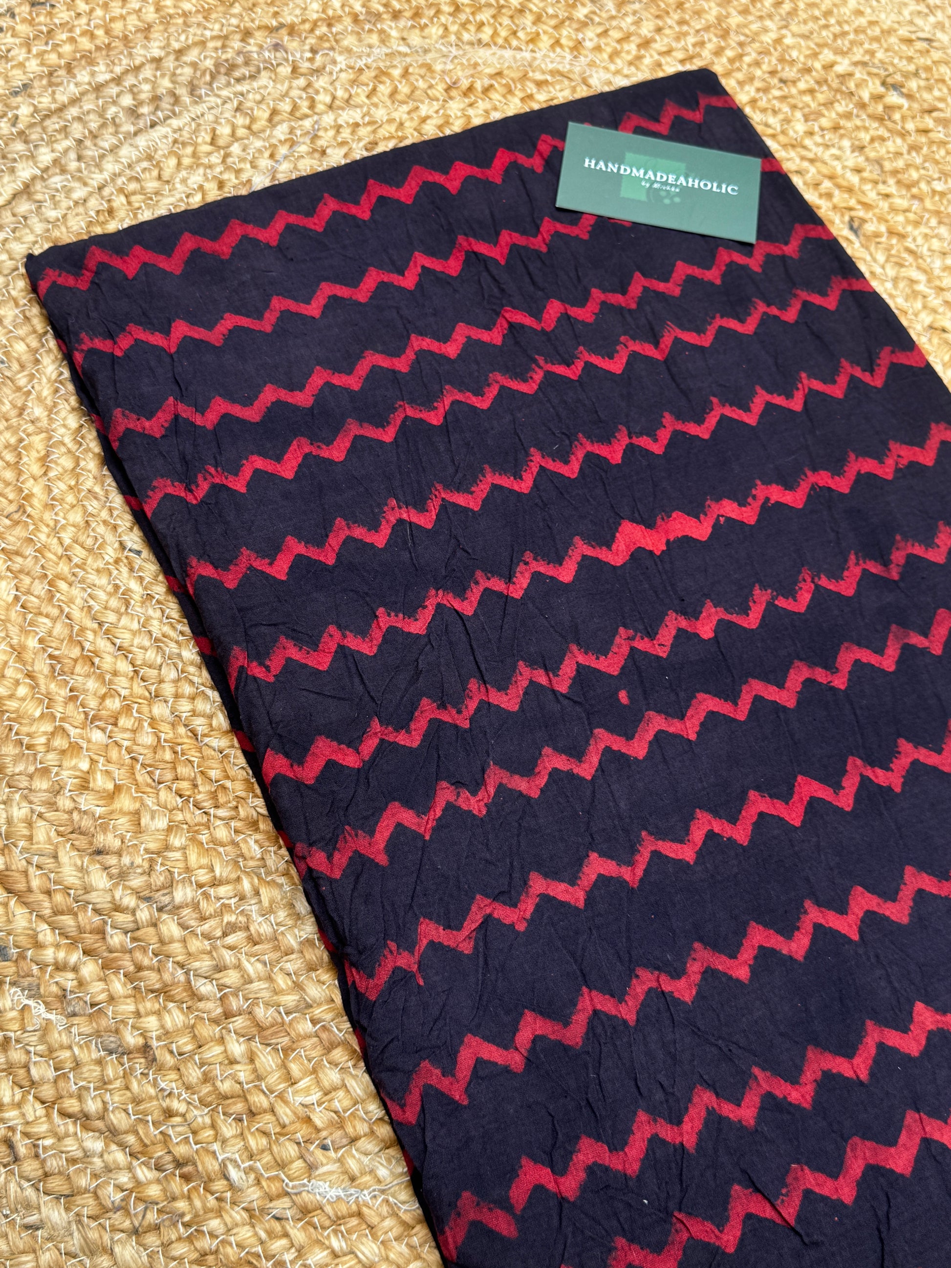 Hand-Blocked Ajrakh Cotton Fabric – Midnight Raven & Crimson Zig-Zag