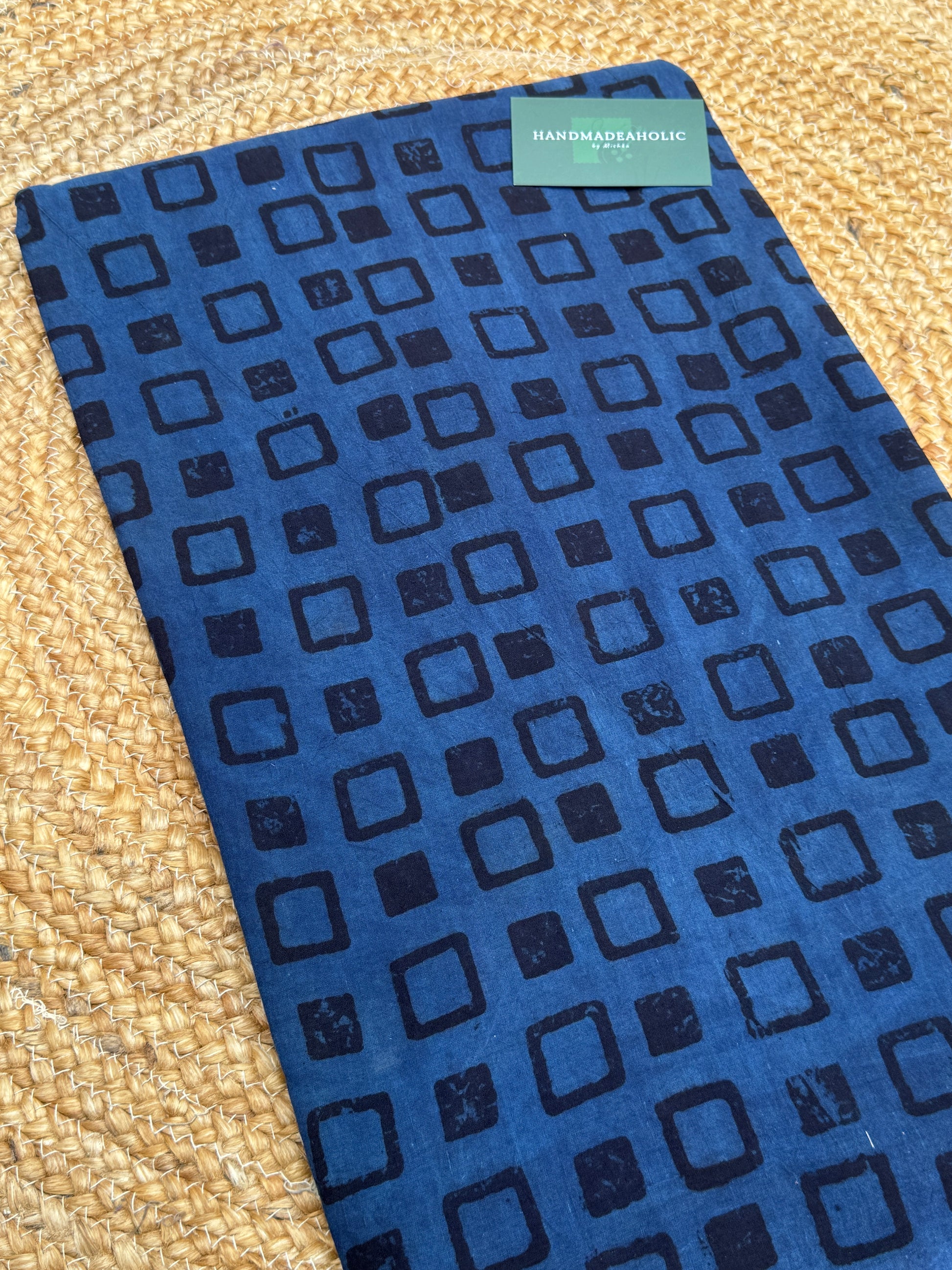 Indigo Geometric Ajrakh Hand-Block Printed Cotton Fabric – Deep Azure & Midnight Square Motif